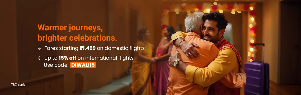 Akasa Air presents the Diwali Sale. Enjoy fares starting at ₹1,499 on domestic flights and get up to 15% off with code: DIWALI15 on international flights.